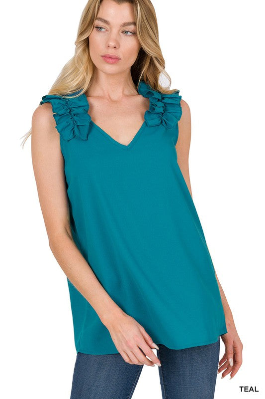 Woven Wool Dobby Ruffle Trim Sleeveless Top-3