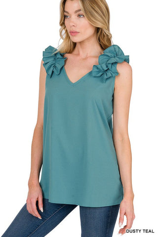 Woven Wool Dobby Ruffle Trim Sleeveless Top-4