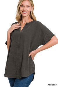 Woven Airflow Split Neck Short Sleeve Top-0