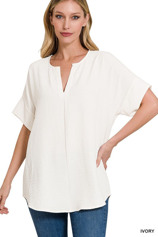 Woven Airflow Split Neck Short Sleeve Top-2