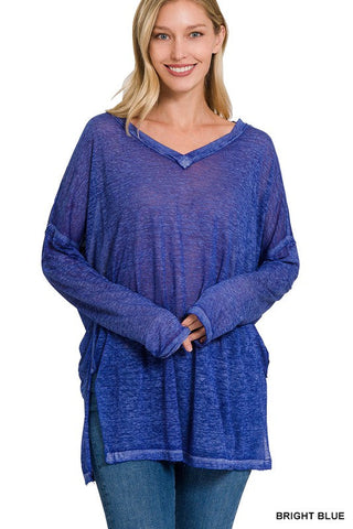 Melange Burnout Dolman Sleeve V-Neck Top-1