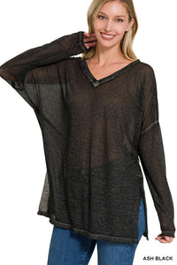 Melange Burnout Dolman Sleeve V-Neck Top-0