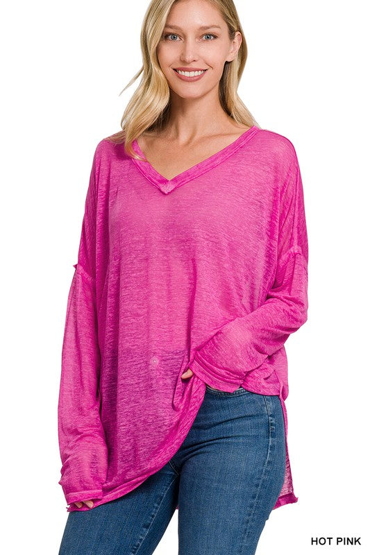 Melange Burnout Dolman Sleeve V-Neck Top-2