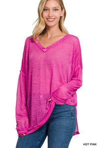 Melange Burnout Dolman Sleeve V-Neck Top-2