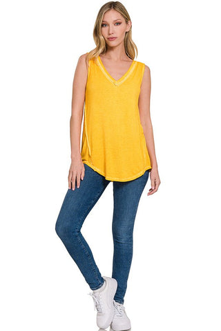 Washed Sleeveless V-Neck Top with Hi-Low Hem-1