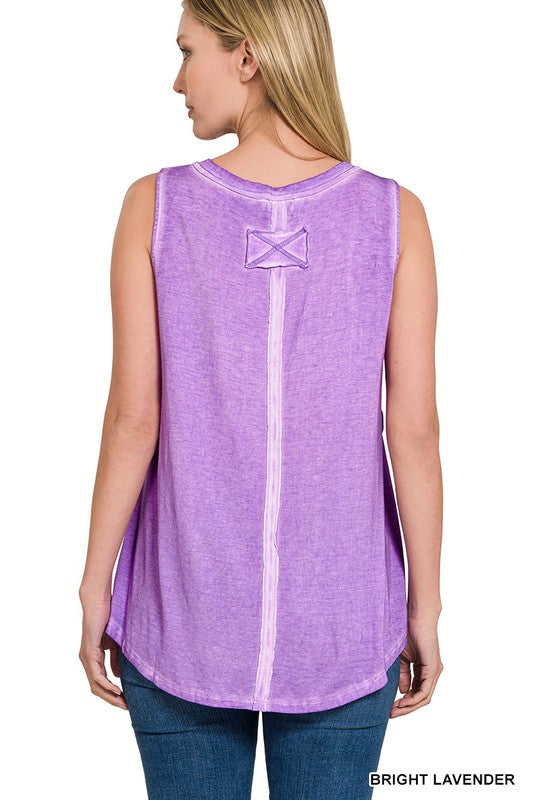 Washed Sleeveless V-Neck Top with Hi-Low Hem-3