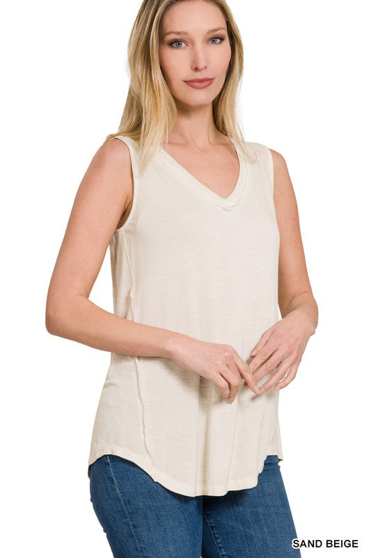 Washed Sleeveless V-Neck Top with Hi-Low Hem-2