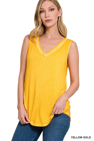 Washed Sleeveless V-Neck Top with Hi-Low Hem-0