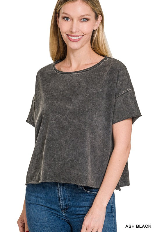 Acid Wash Raw Edge Short Sleeve Crop Top-4