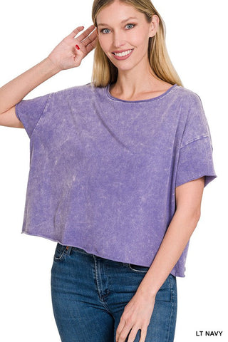 Acid Wash Raw Edge Short Sleeve Crop Top-0