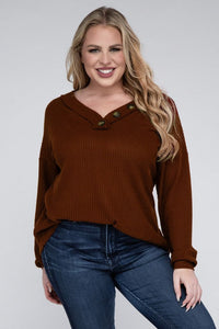 Plus Brushed Waffle V-Neck Button Detail Sweater-0