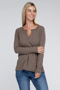 Melange Baby Waffle V-Neck Long Sleeve Top-0