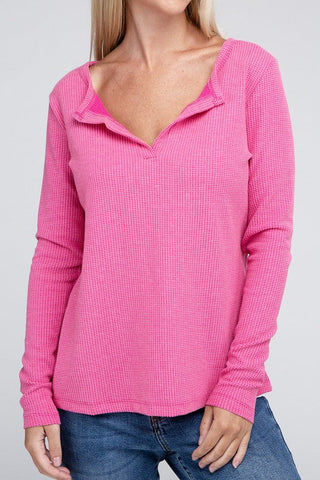 Melange Baby Waffle V-Neck Long Sleeve Top-5