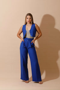 High Waist Linen Pants - Blue-1