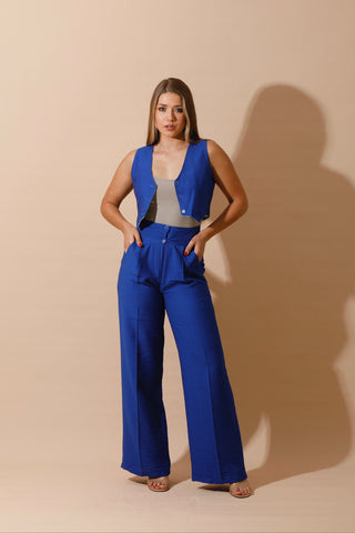 High Waist Linen Pants - Blue-1