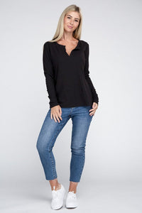 Melange Baby Waffle V-Neck Long Sleeve Top-1