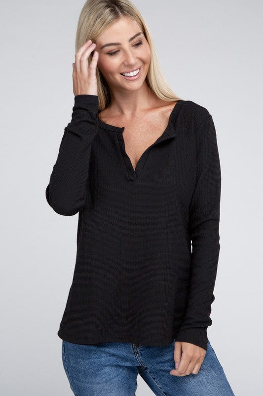 Melange Baby Waffle V-Neck Long Sleeve Top-3