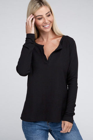 Melange Baby Waffle V-Neck Long Sleeve Top-3