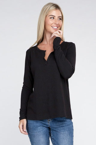 Melange Baby Waffle V-Neck Long Sleeve Top-2