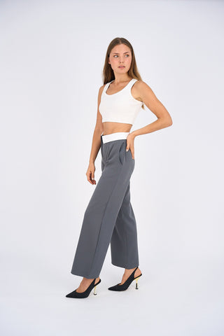 Reversed Waistband Wide Leg Pants - Gray-1