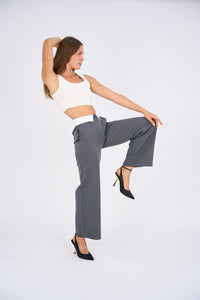 Reversed Waistband Wide Leg Pants - Gray-2