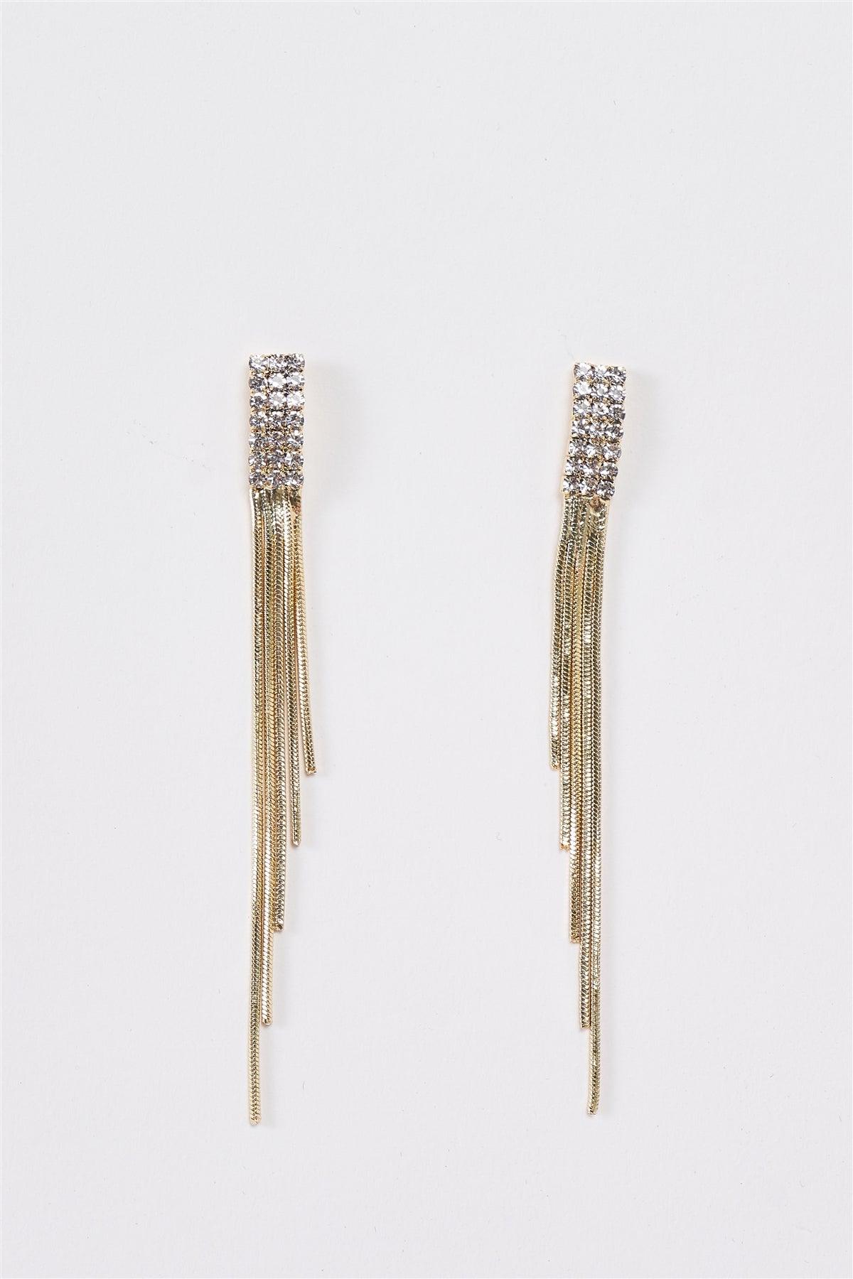 Gold Diamonds Incrustation Snake Chain Tassel Earrings-2