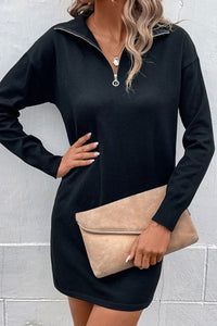 Quarter-Zip Dropped Shoulder Knit Dress - Team Spirit Store USA 