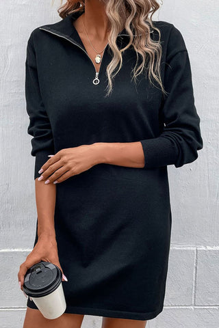 Quarter-Zip Dropped Shoulder Knit Dress - Team Spirit Store USA 