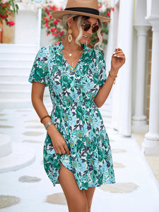 Floral Tie Neck Puff Sleeve Tiered Dress - Team Spirit Store USA 