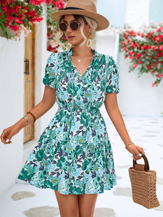 Floral Tie Neck Puff Sleeve Tiered Dress - Team Spirit Store USA 