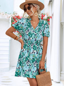 Floral Tie Neck Puff Sleeve Tiered Dress - Team Spirit Store USA 